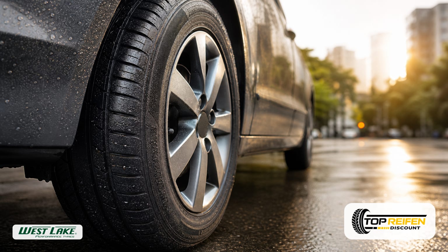 Extremes Nahaufnahmefoto des WESTLAKE Z107 195/65 R15 Sommerreifens: feine Profilblöcke mit Wasserperlen, scharfe Seitenwandprägung, warmes Nachmittagslicht auf nasser Asphaltstraße.