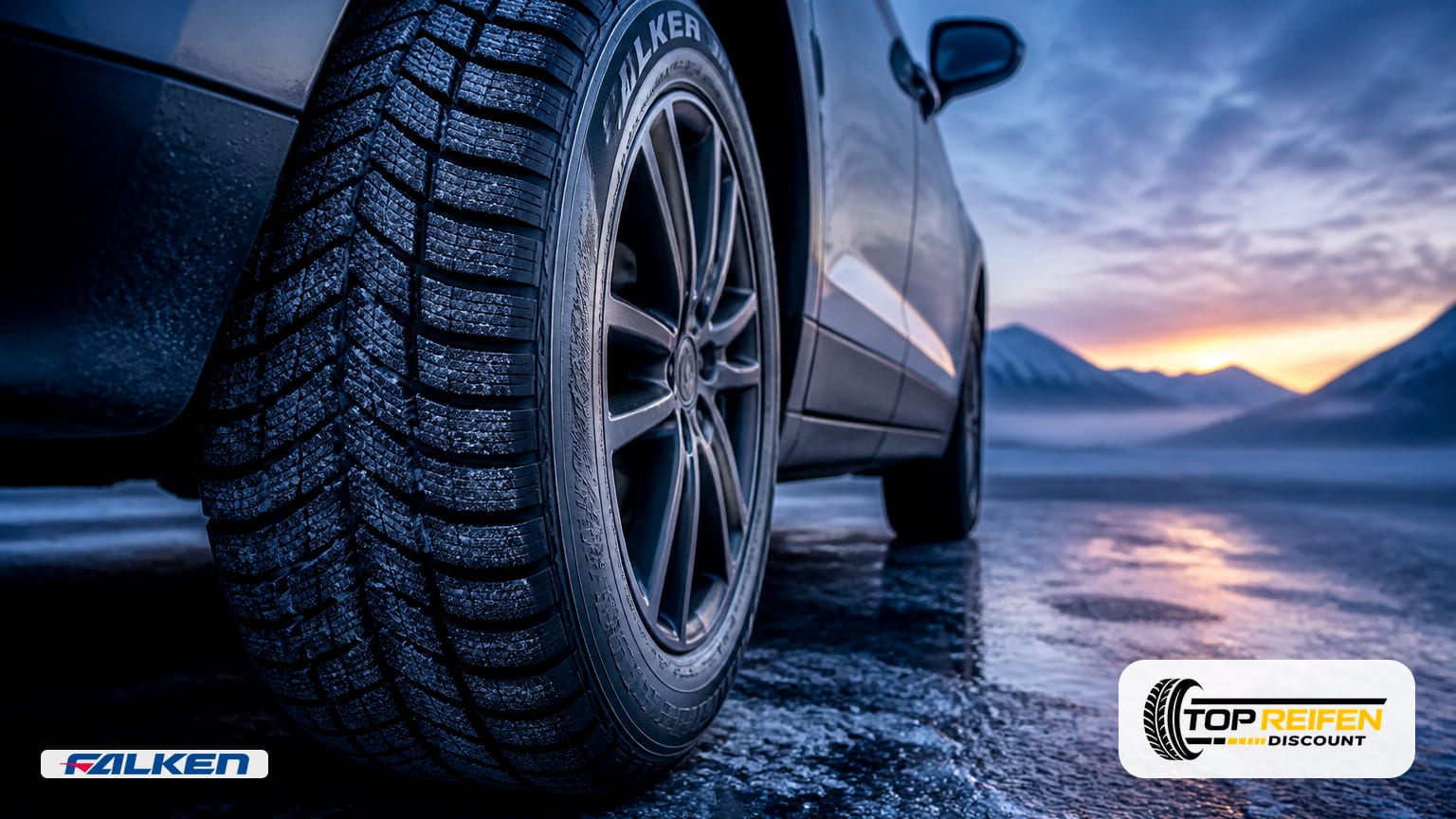 Extreme close-up of the FALKEN HS02 winter tyre tread and sidewall on a frosty, wet mountain pass at dawn; fine siping and ice crystals in focus.