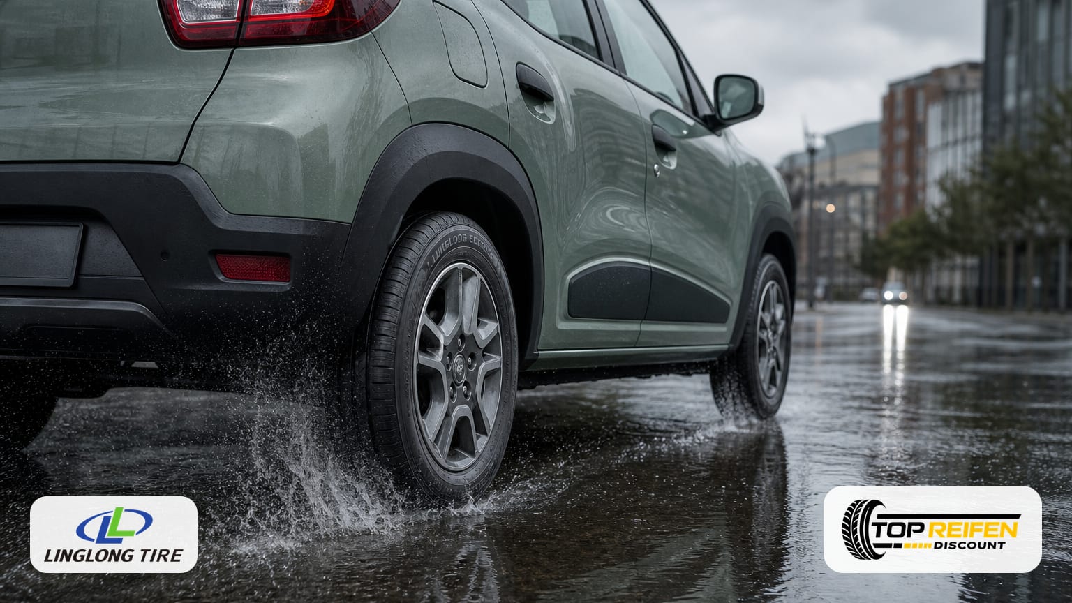 Rückansicht eines PKW-Reifens LINGLONG ECO-MA 205/60 R16, der auf nasser Stadtstraße durch flaches Wasser rollt; Gischt und Spiegelungen bei bedecktem Himmel.